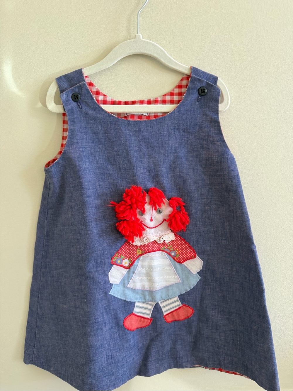 Saks Fifth Avenue Girls Blue Denim Dress with Red Rag Doll Applique